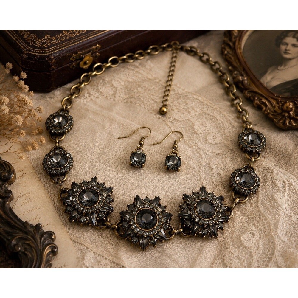 Vintage Smoky Gray Rhinestone Starburst Statement Necklace & Earrings Set
